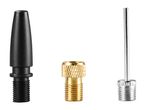 Three different air pump adapter nozzles for inflating balls, tires, and inflatables.