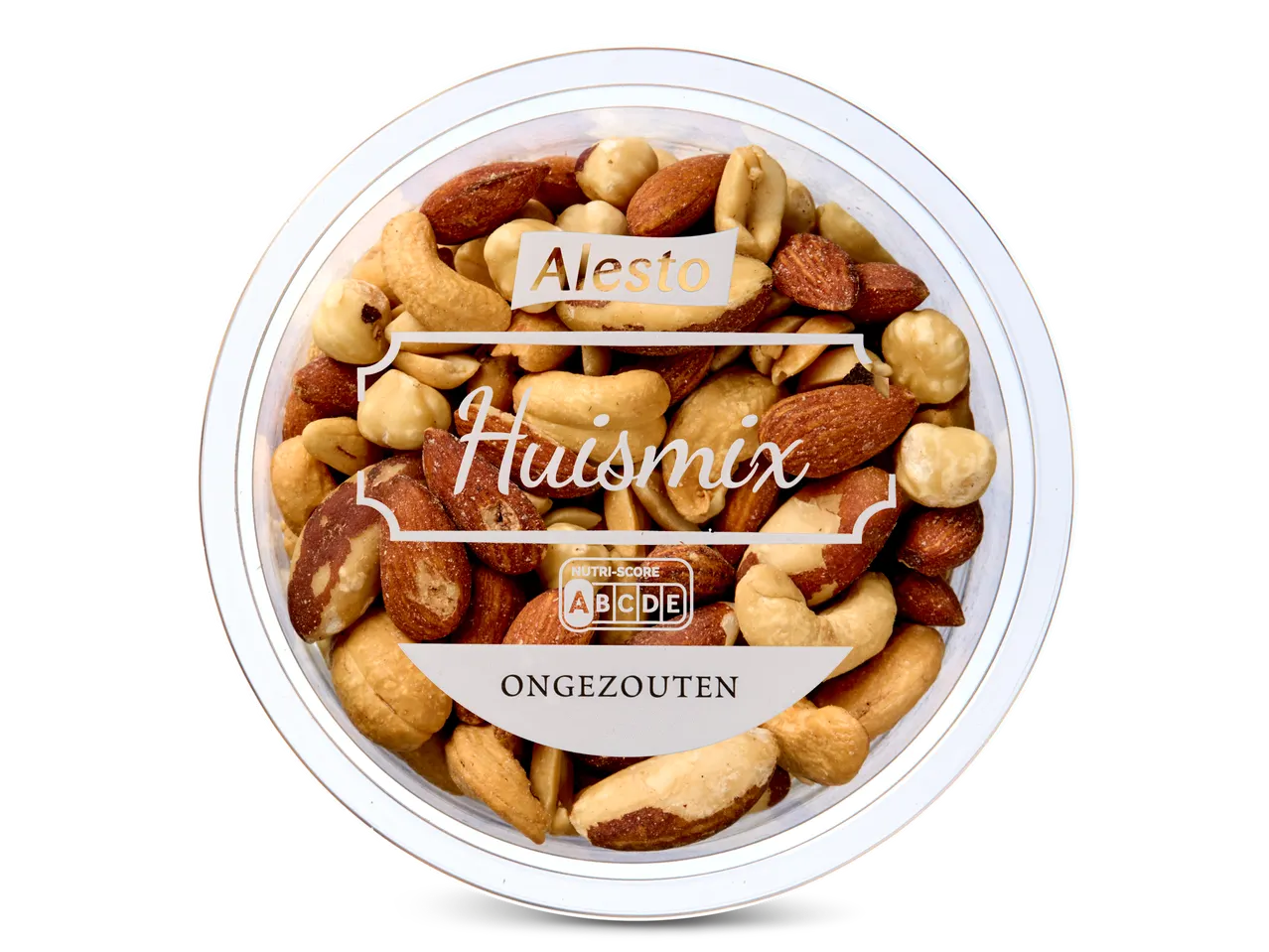 Alesto HuisMix notenmix: amandelen, hazelnoten, paranoten, cashewnoten.