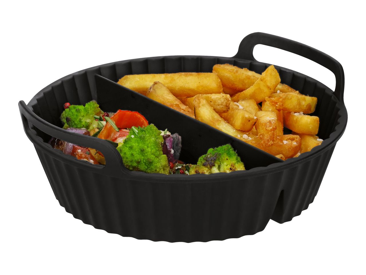 Black silicone air fryer basket with fries and roasted vegetables.