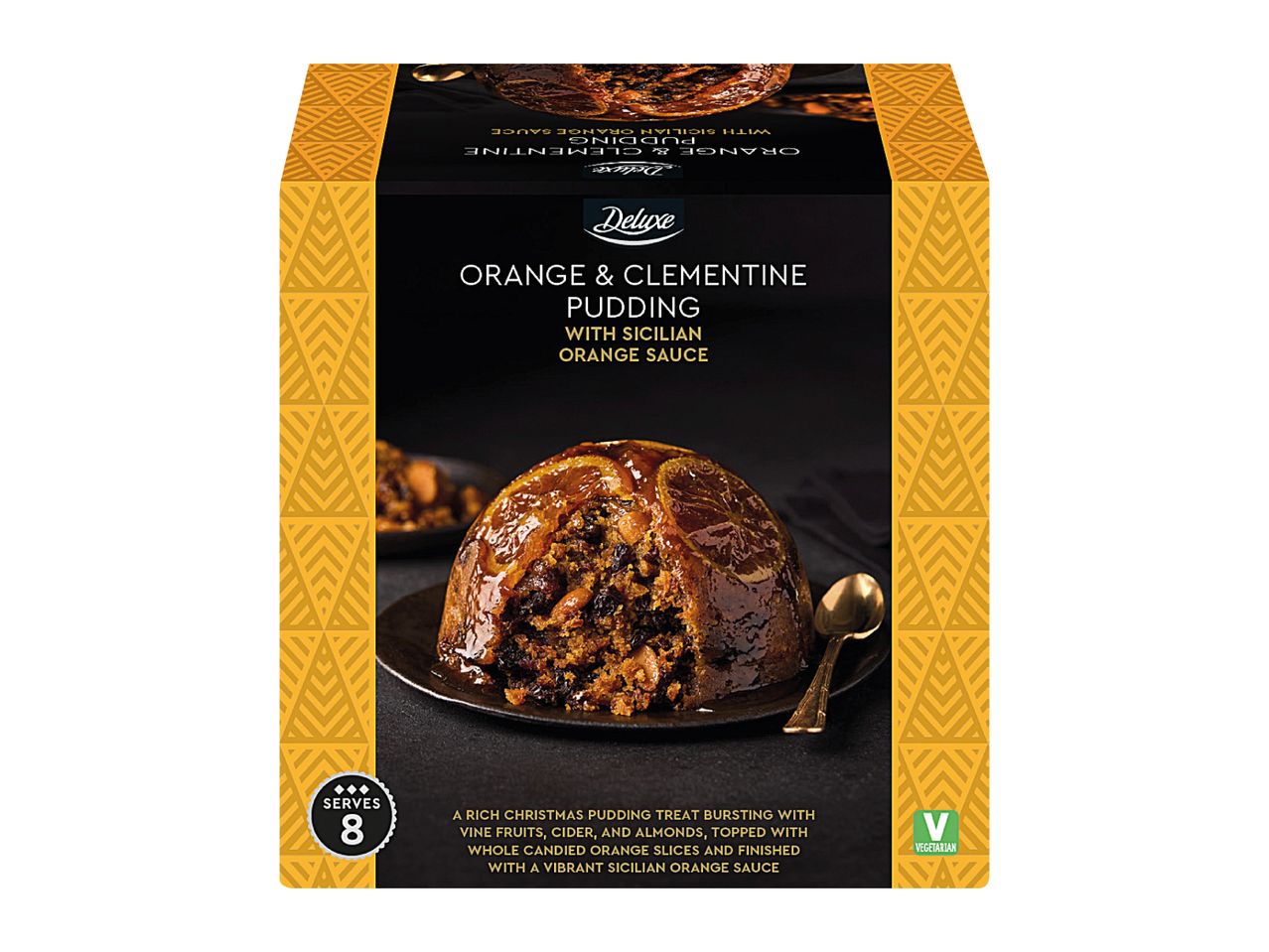 Deluxe Orange & Clementine Pudding with Sicilian Orange Sauce, serves 8, vegetarian.