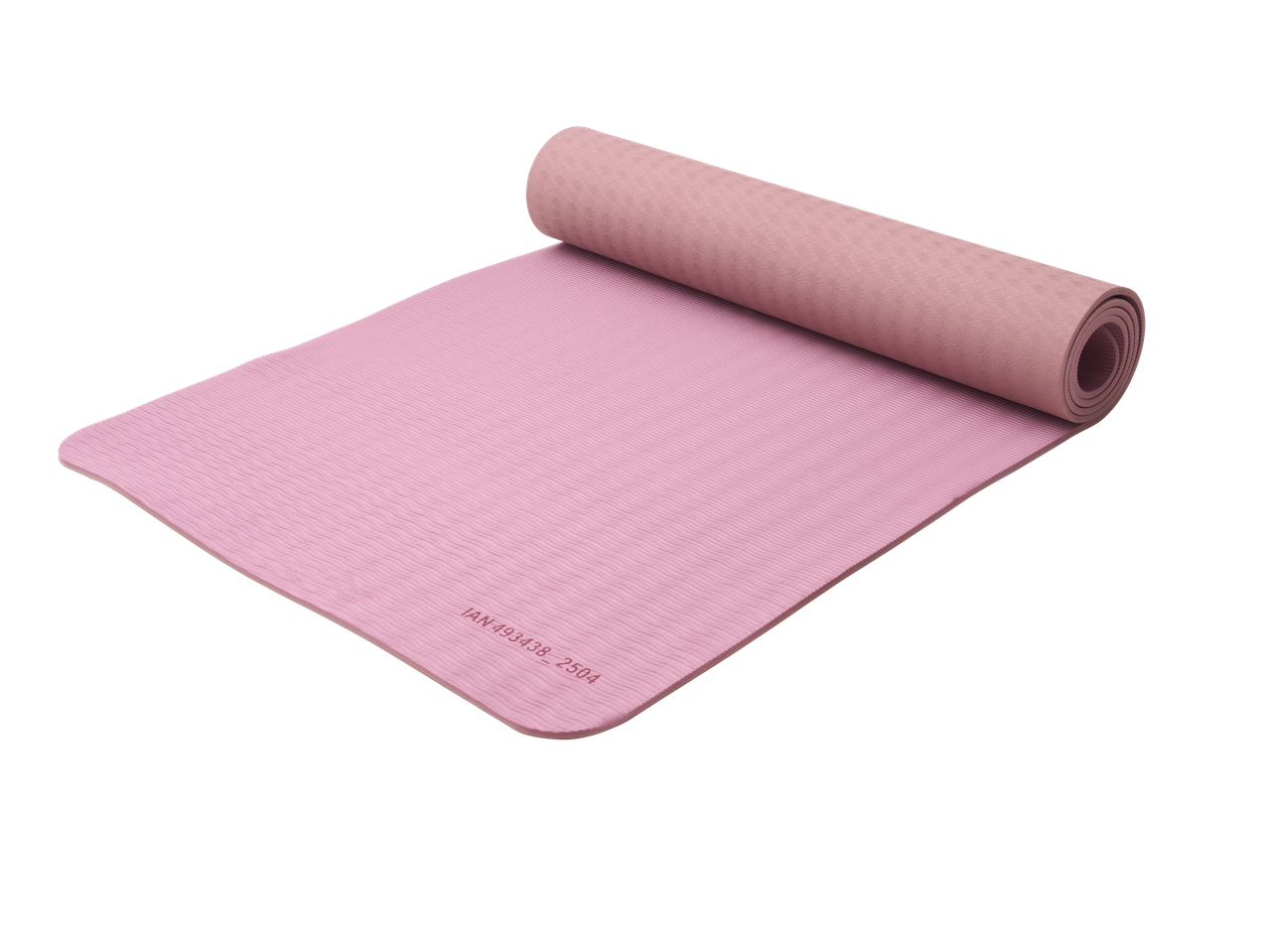 Tapete de yoga rosa, parcialmente enrolado, com superfície texturizada e código do produto.