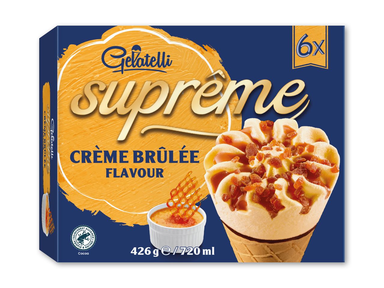 Æske med 6 vaniljeisvafler med karamelsauce og karamelstykker, med crème brûlée-smag.