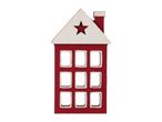 Red and white wooden house decoration with a star cut-out on the roof and nine windows.