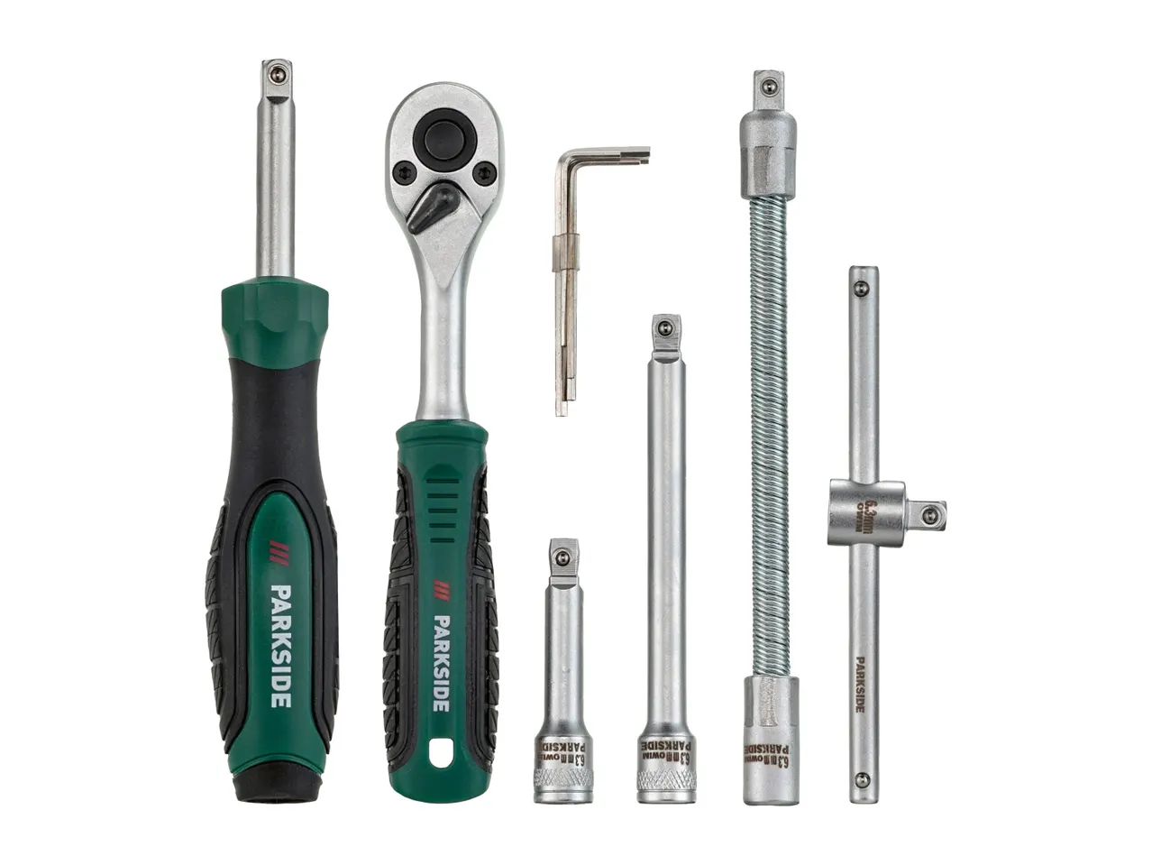 A ratchet set with various sockets and extensions.