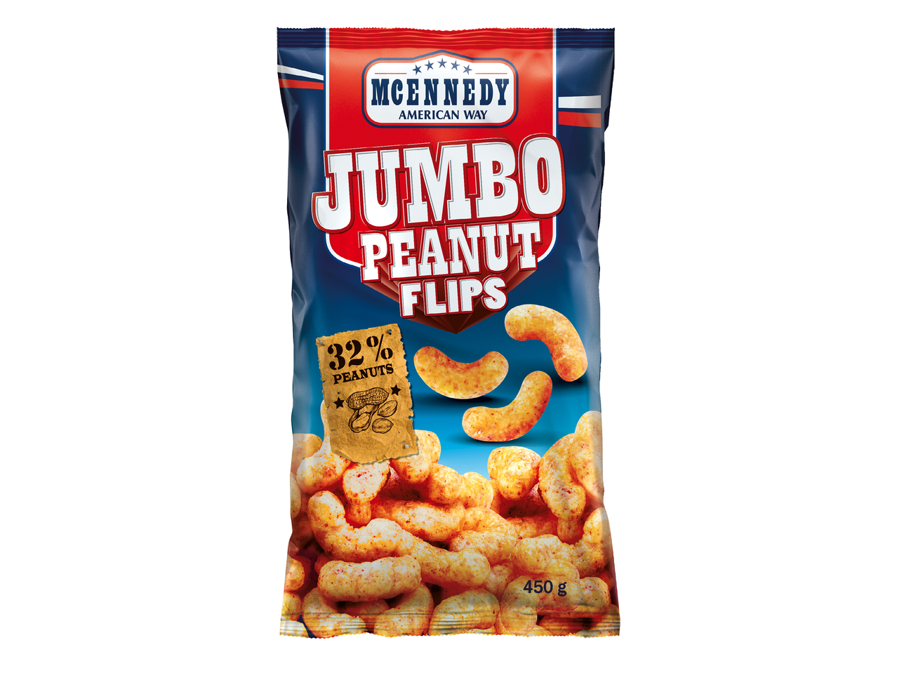 Пакет с фъстъчени флипсове с надпис 'Jumbo Peanut Flips' и 32% фъстъци, 450 гр.
