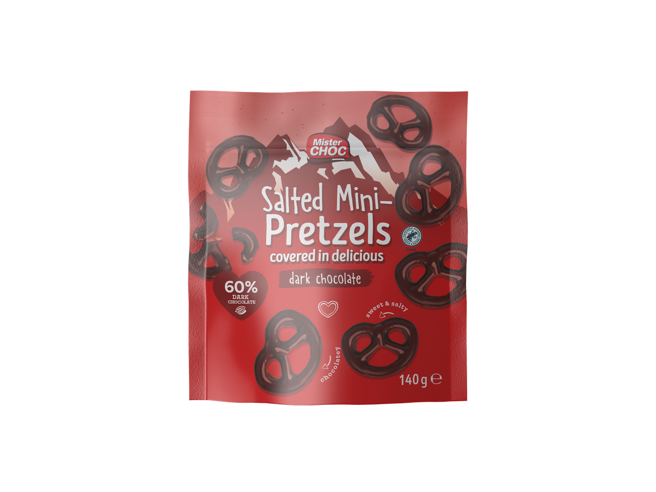 Mister Choc gezouten mini pretzels in pure chocolade.