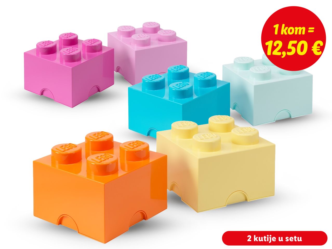Šest pastelno obojenih LEGO kockica za pohranu.