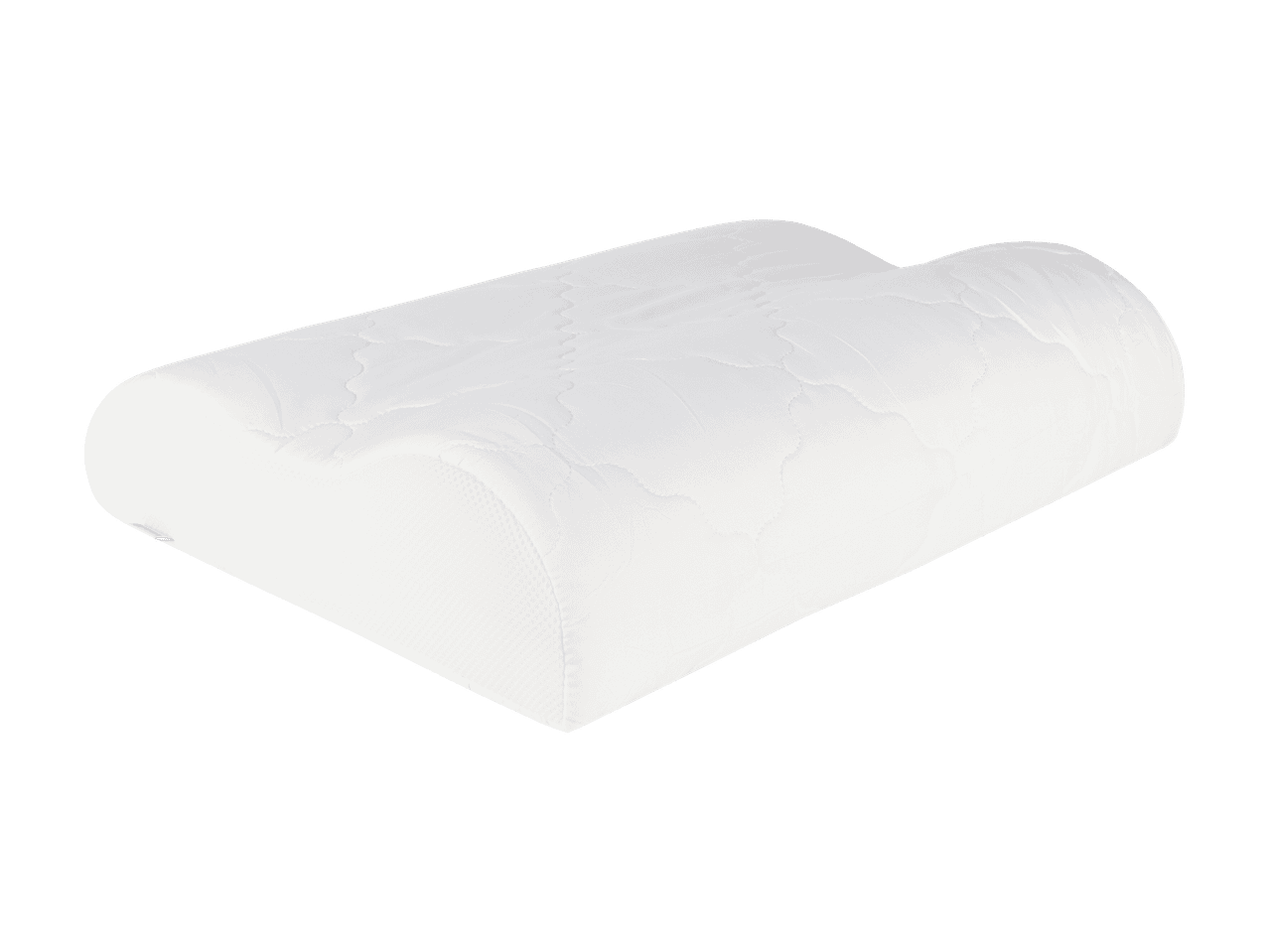 Valkoinen, ergonomisesti muotoiltu tyyny mustalla taustalla.