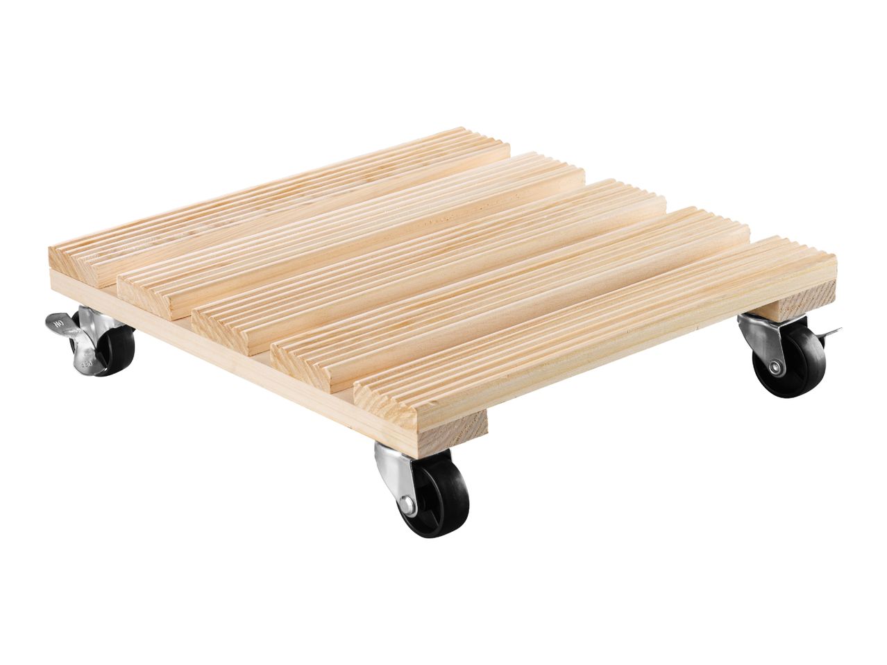 Wooden plant caddy with four black wheels, two of which have silver brakes.