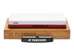 Parkside two-stage sharpening stone set with bamboo base and integrated honing steel.