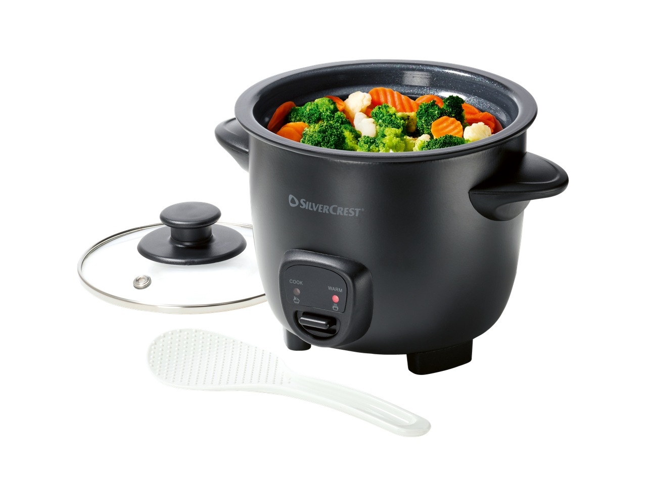Panela preta Silvercrest com vegetais, tampa e colher de arroz.