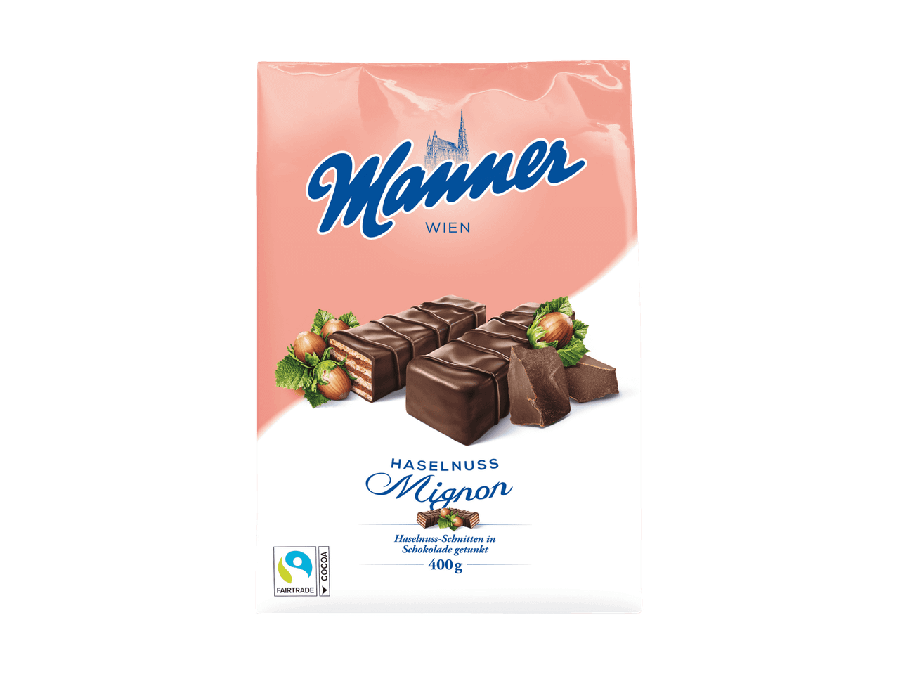 Manner Haselnuss Mignon: Schokoladen-Waffelschnitten mit Haselnüssen, 400g Packung.