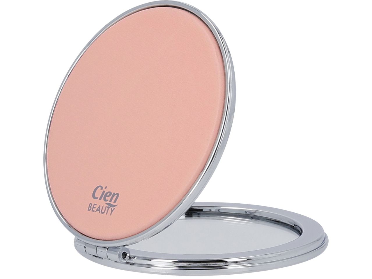 Отворено компактно огледало Cien Beauty с розов капак и сребриста рамка