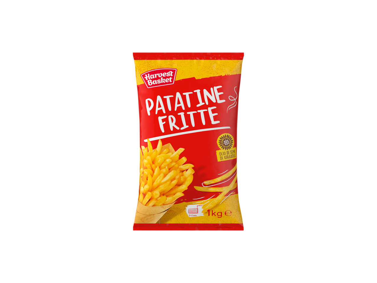 Una busta rossa e gialla di patatine fritte Harvest Basket da 1 kg.