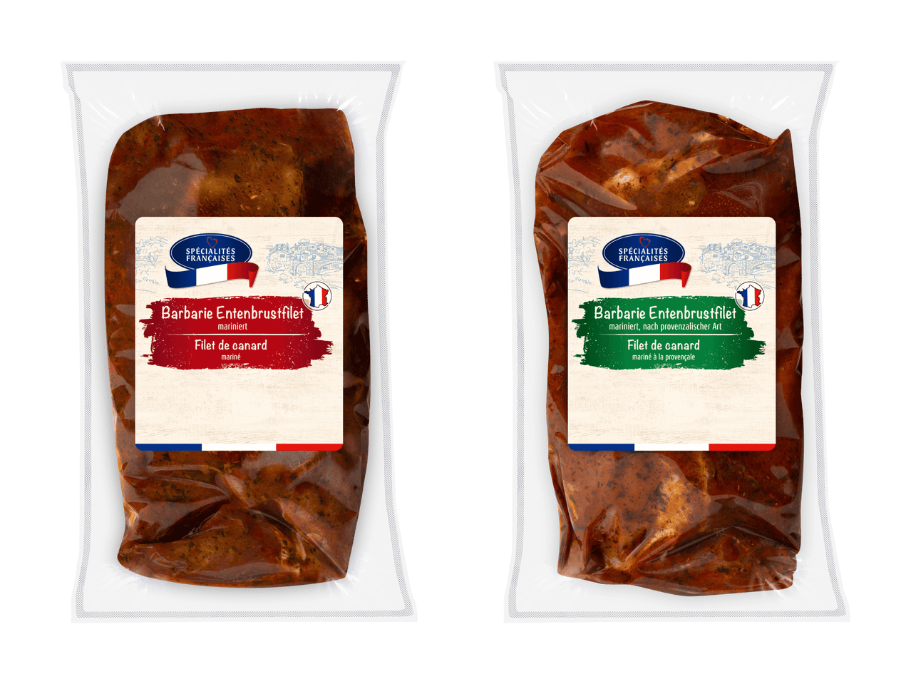 Zwei vakuumverpackte marinierte Entenbrustfilets, eines rot und eines grün.