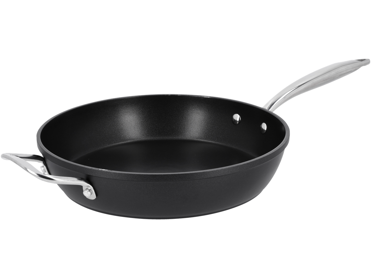 Juoda neprideganti keptuvė su dviem sidabrinėmis rankenomis juodame fone.