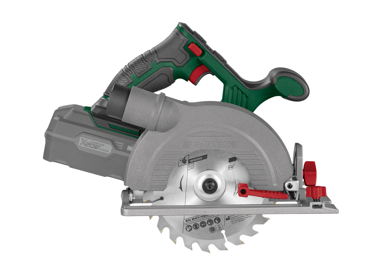 Parkside® 20V akumuliatorinis diskinis pjūklas su medienos pjovimo disku.