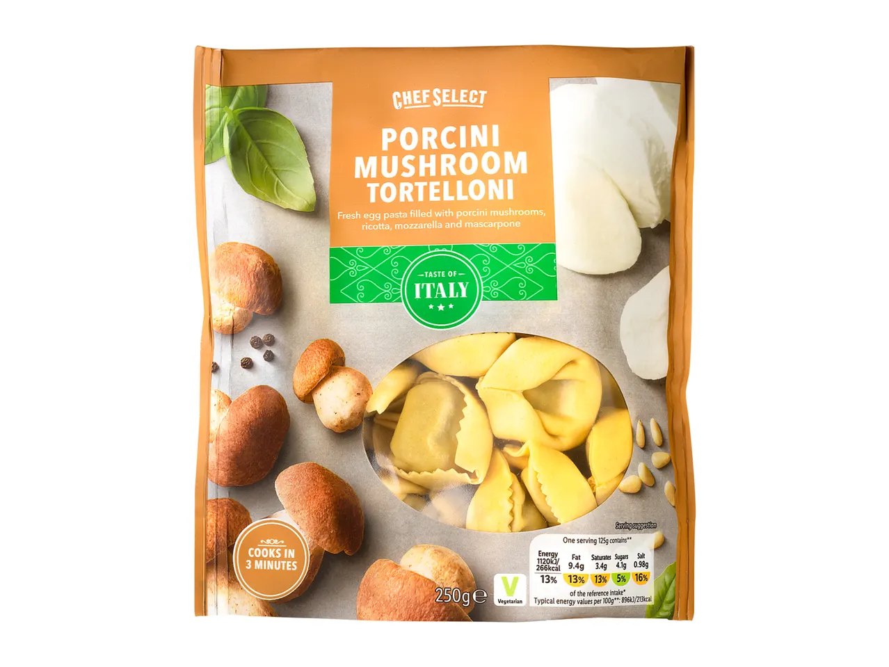 Chef Select Porcini Mushroom Tortelloni: fresh egg pasta filled with porcini mushrooms, ricotta, mozzarella and mascarpone.