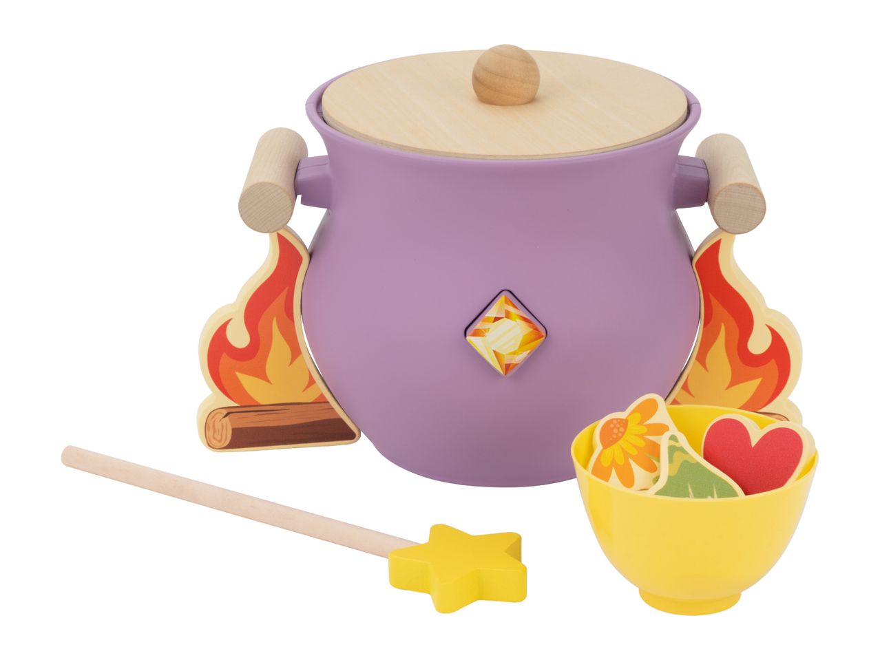 Purple toy cauldron with wooden lid, handles, and fire cutouts, with a yellow bowl of play ingredients and a star-tipped wand.