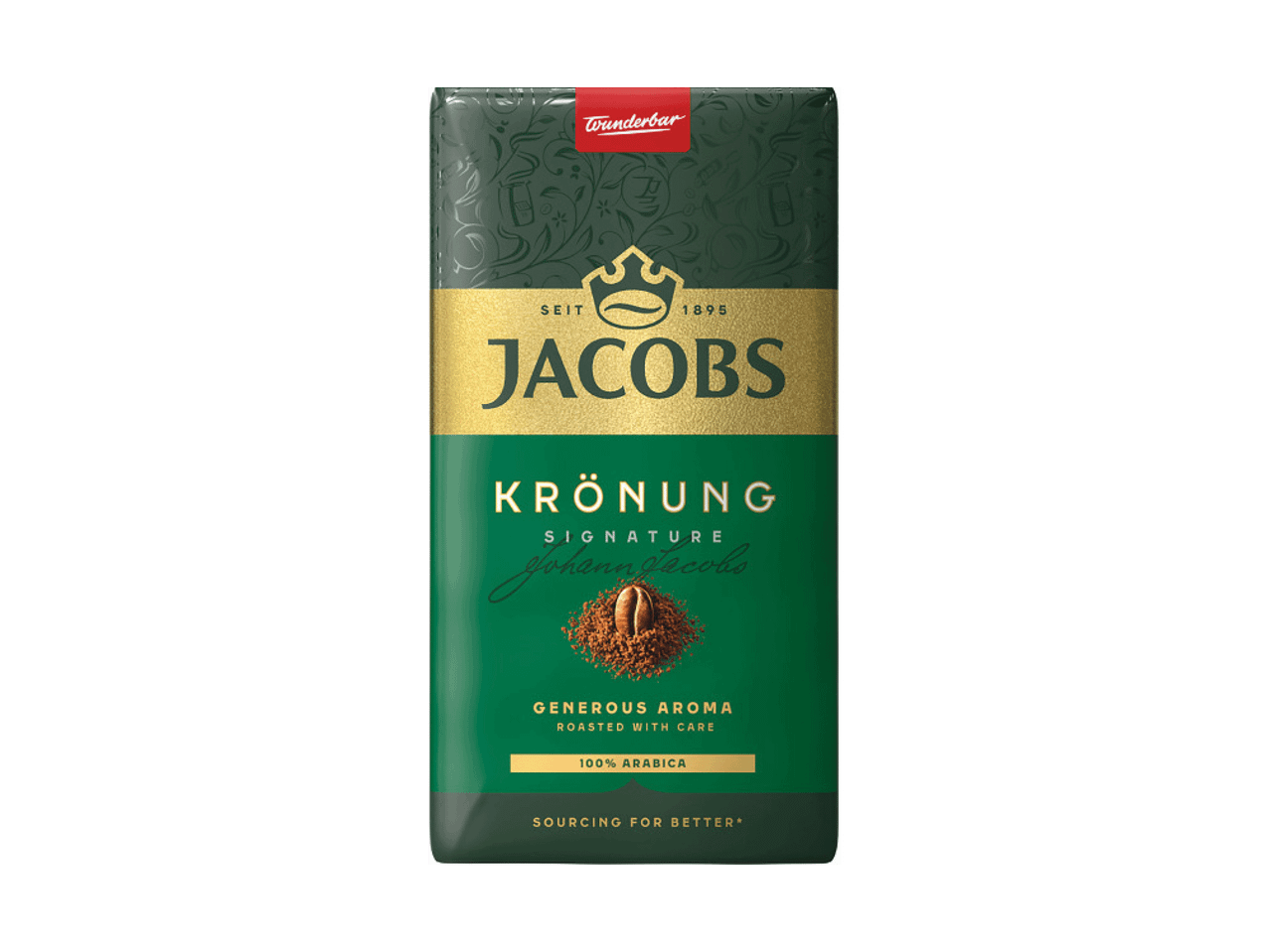 Jacobs Krönung maltos kavos pakuotė su užrašu „Generous Aroma Roasted with Care“.