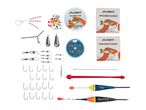 A collection of fishing gear including fishing line, hooks, weights, floats, and various small accessories.