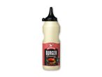 Burgerdressing i en klemme flaske, med et billede af en burger og teksten 'Burger Dressing'.