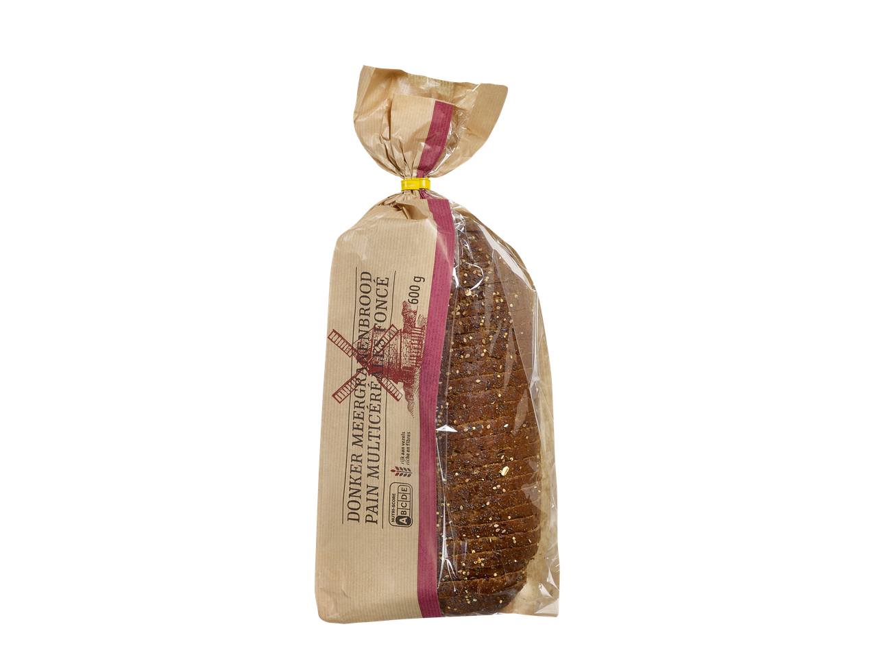 Pain multicéréales foncé pré-tranché dans un emballage en papier et plastique