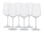 Six clear stemmed wine glasses with a modern, elegant design.