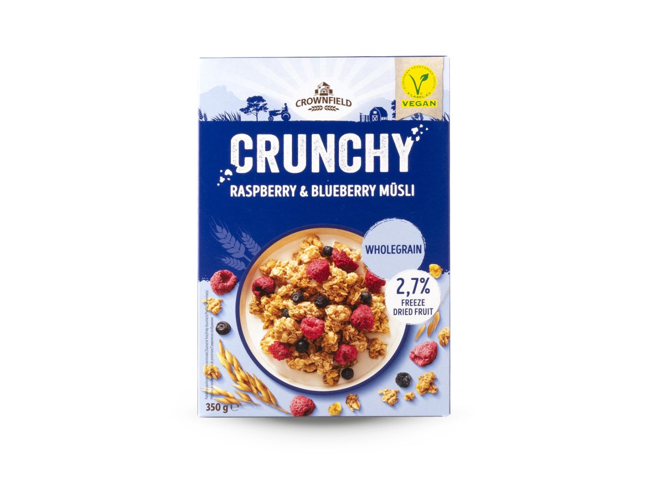 Kutija Crownfield Crunchy müslija od malina i borovnica s cjelovitim žitaricama i 2,7% liofiliziranog voća.