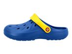 Blue clogs with a yellow strap and a colorful logo on the side.
