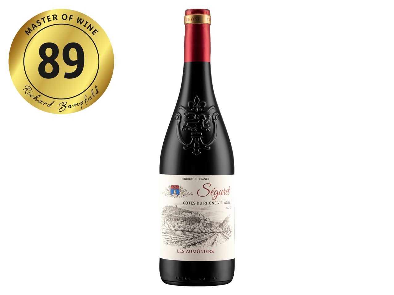 Séguret Côtes du Rhône Villages red wine bottle with an 89-point Master of Wine rating.