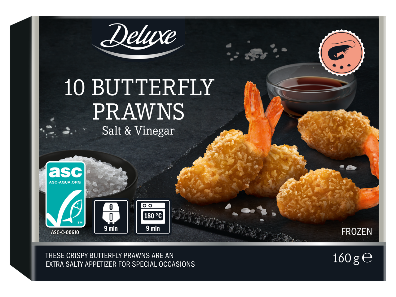 Deluxe 10 tauriņgarneles ar sāli un etiķi, panētas, saldētas, 160g.