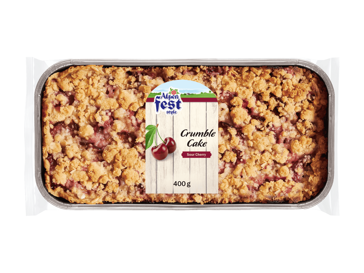 Murukakku, jossa on hapankirsikkatäyte ja valkoinen puinen etiketti, jossa lukee 'Crumble Cake Sour Cherry 400 g'.