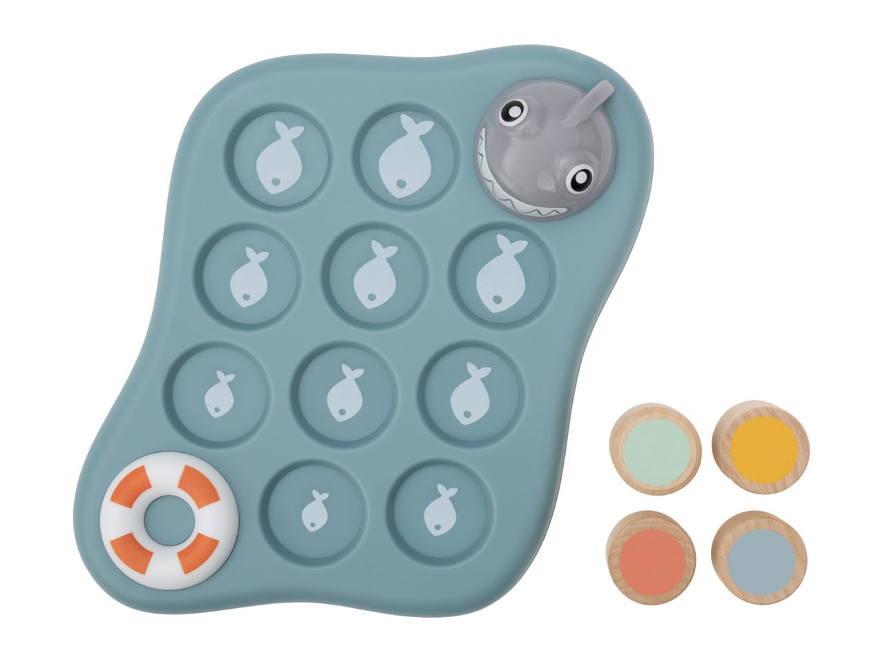 Children's fishing game with a shark, fish, and lifebuoy, plus four colorful wooden tokens.