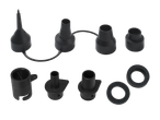 A set of black plastic nozzles and adapters for various applications, including two rubber rings.