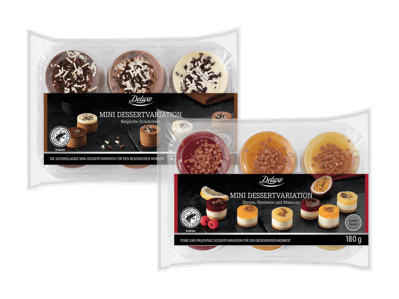 Deluxe Mini-Dessertvariationen: belgische Schokolade und Zitrone, Himbeere & Maracuja.