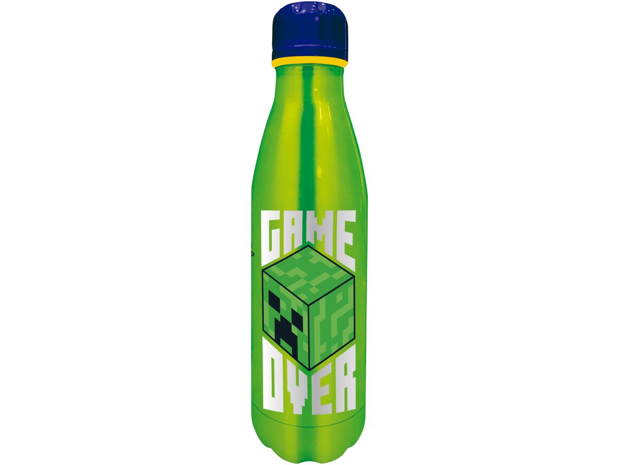 Una borraccia verde con un tappo blu e la scritta 'GAME OVER' con un Creeper di Minecraft.