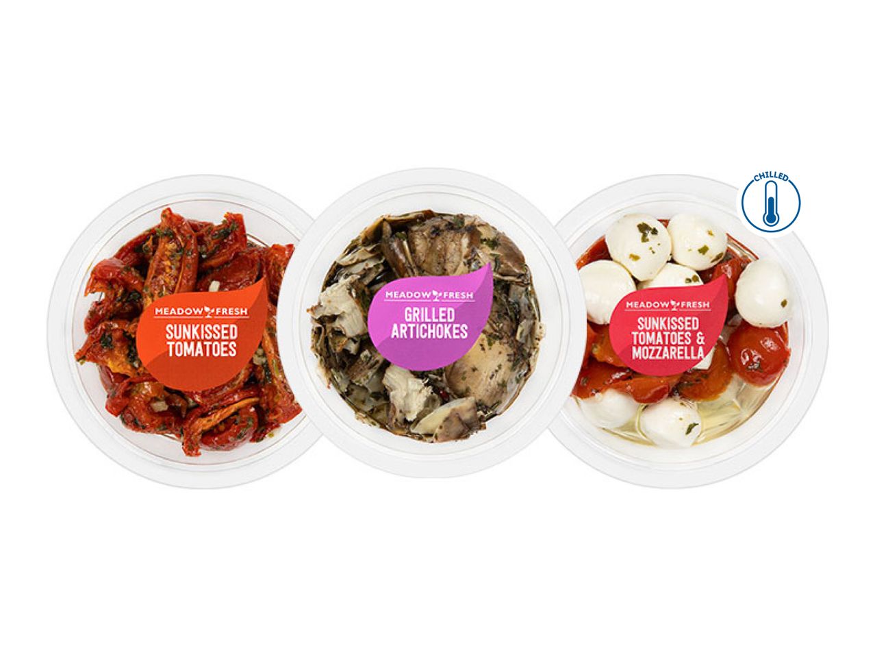 Three chilled containers of sun-kissed tomatoes, grilled artichokes, and sun-kissed tomatoes with mozzarella.