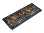A colorful, rectangular kitchen runner rug with a whimsical spoon design.