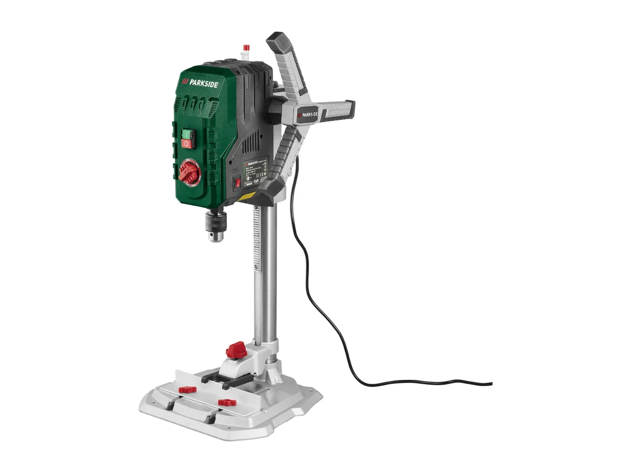 Parkside drill press with adjustable depth and speed settings.