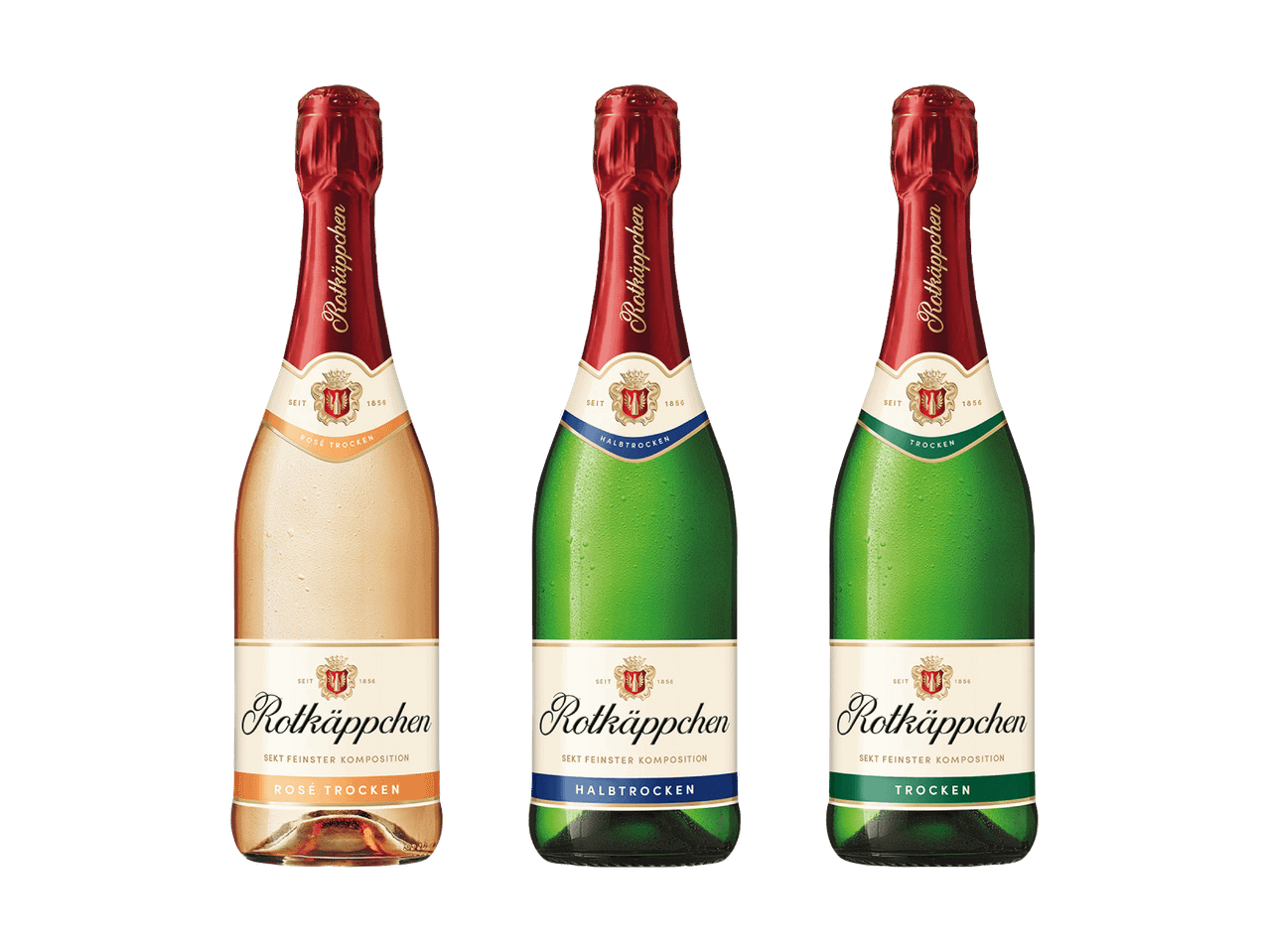 Trois bouteilles de Rotkäppchen Sekt : rosé, demi-sec et sec.