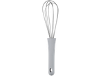 A grey whisk with a white handle.