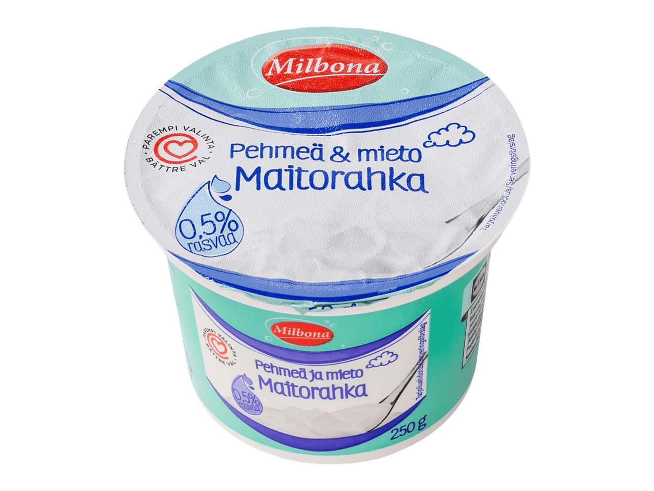 Pehmeä ja mieto maitorahka, 0,5 % rasvaa, 250 g.