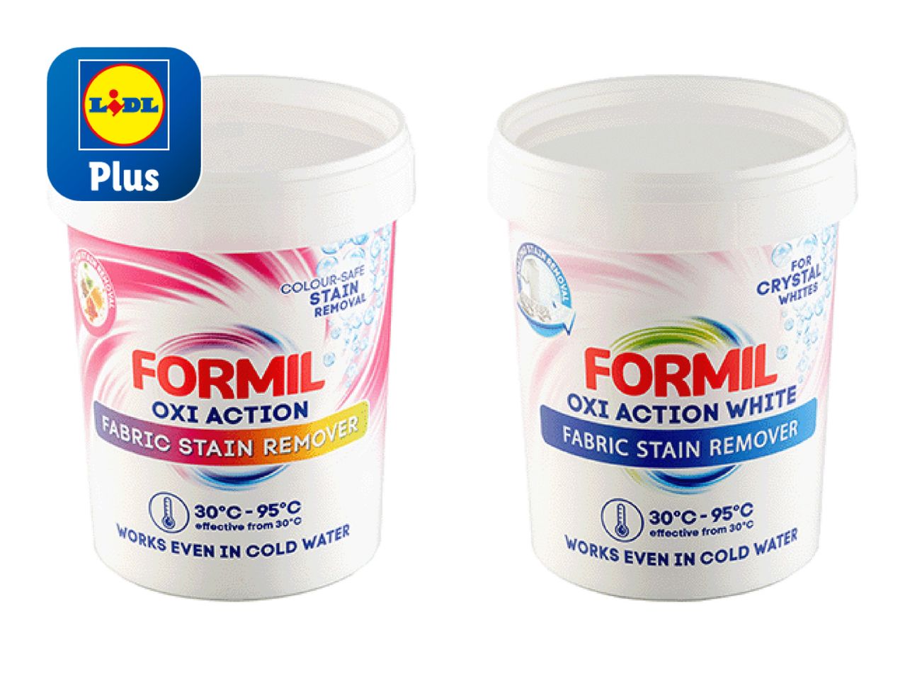Two containers of Formel One Action stain remover, pink and white versions, from Lidl.