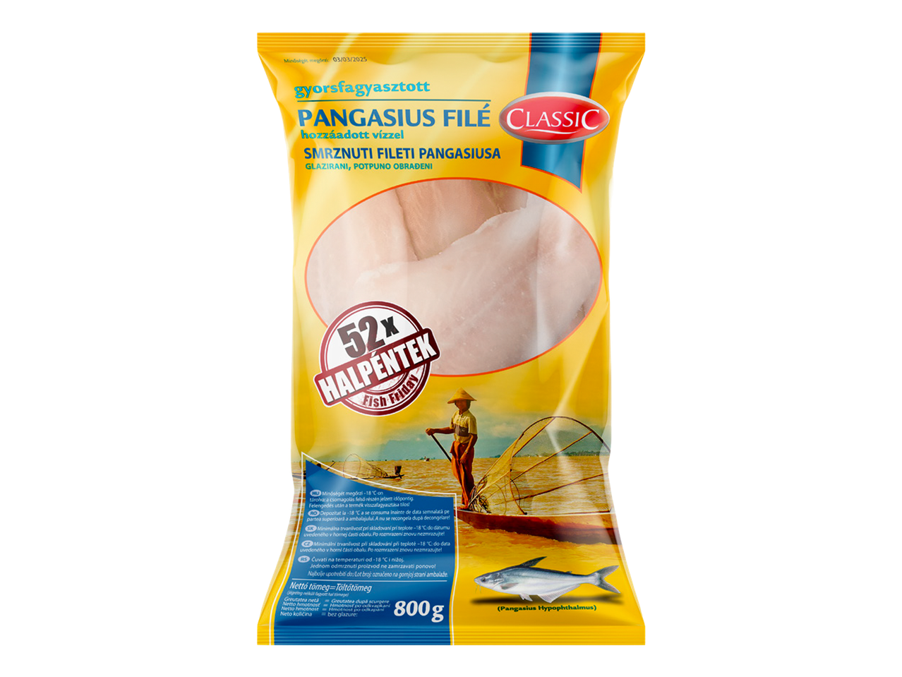 Pakovanje smrznutog pangasius fileta sa dodatkom vode, 800g, sa slikom ribara i ribe.