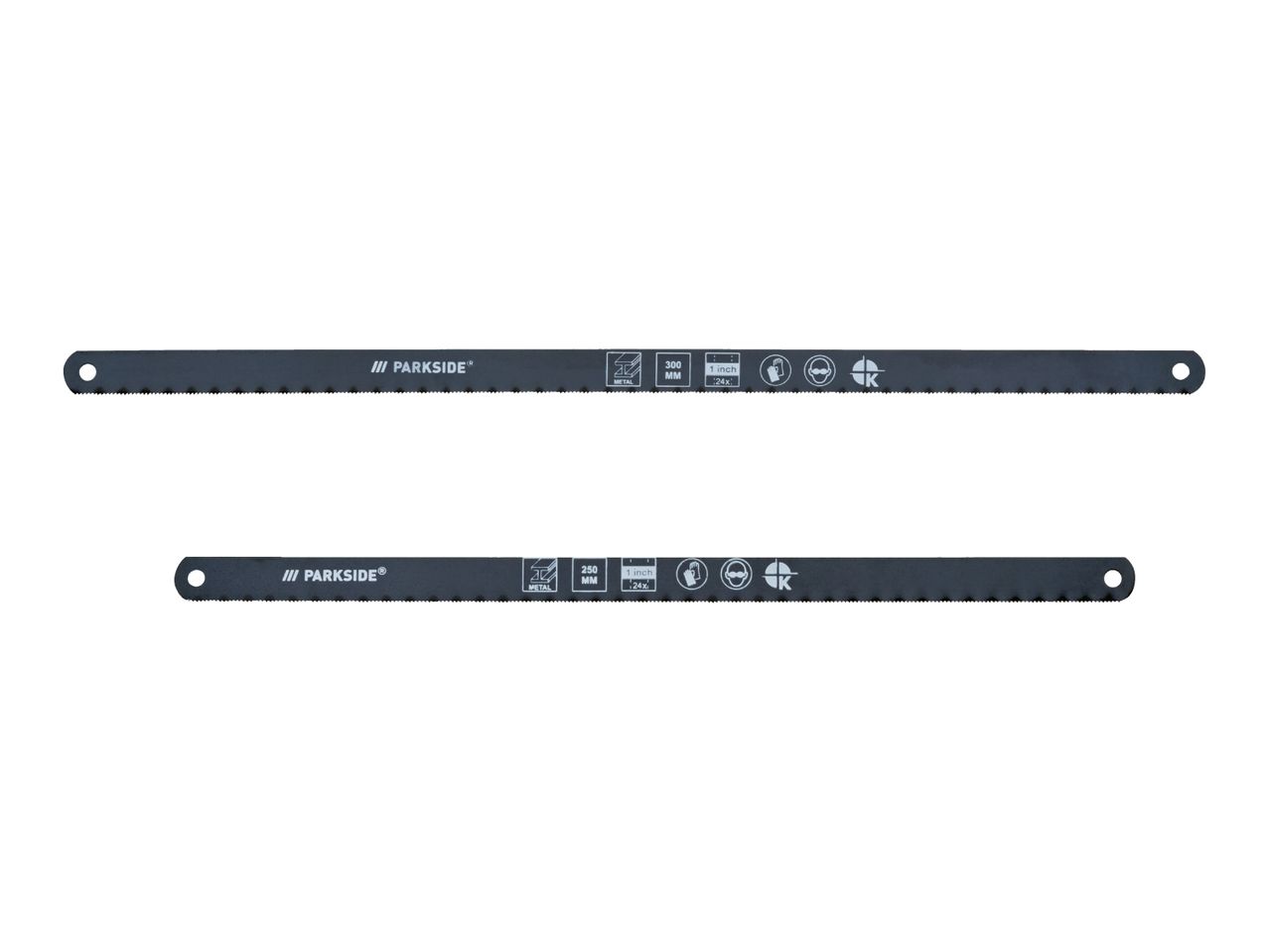Two metal hacksaw blades, 300mm and 250mm, with 24 teeth per inch.