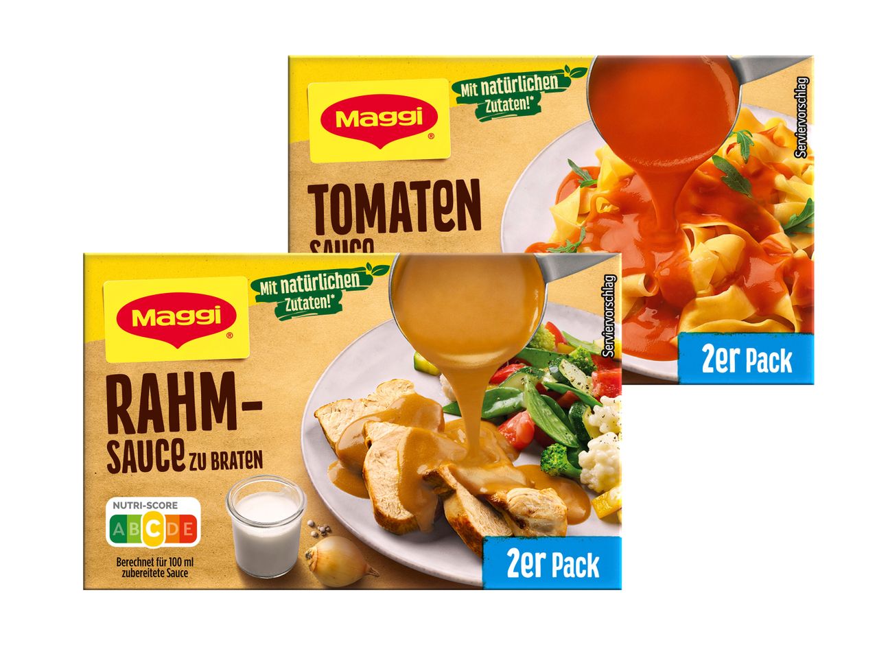 Zwei Packungen Maggi-Soßenpulver: Tomaten- und Rahmsoße.
