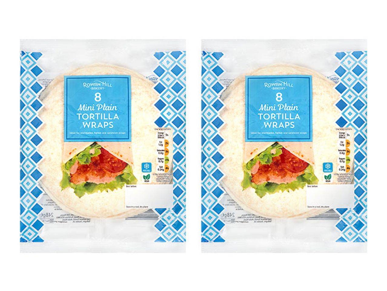 Two packs of Rowan Hill Bakery 8 Mini Plain Tortilla Wraps, with a blue and white geometric pattern.
