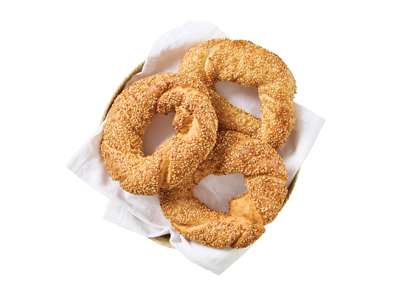 Tri simita sa susamom u pletenoj korpi sa belom salvetom.