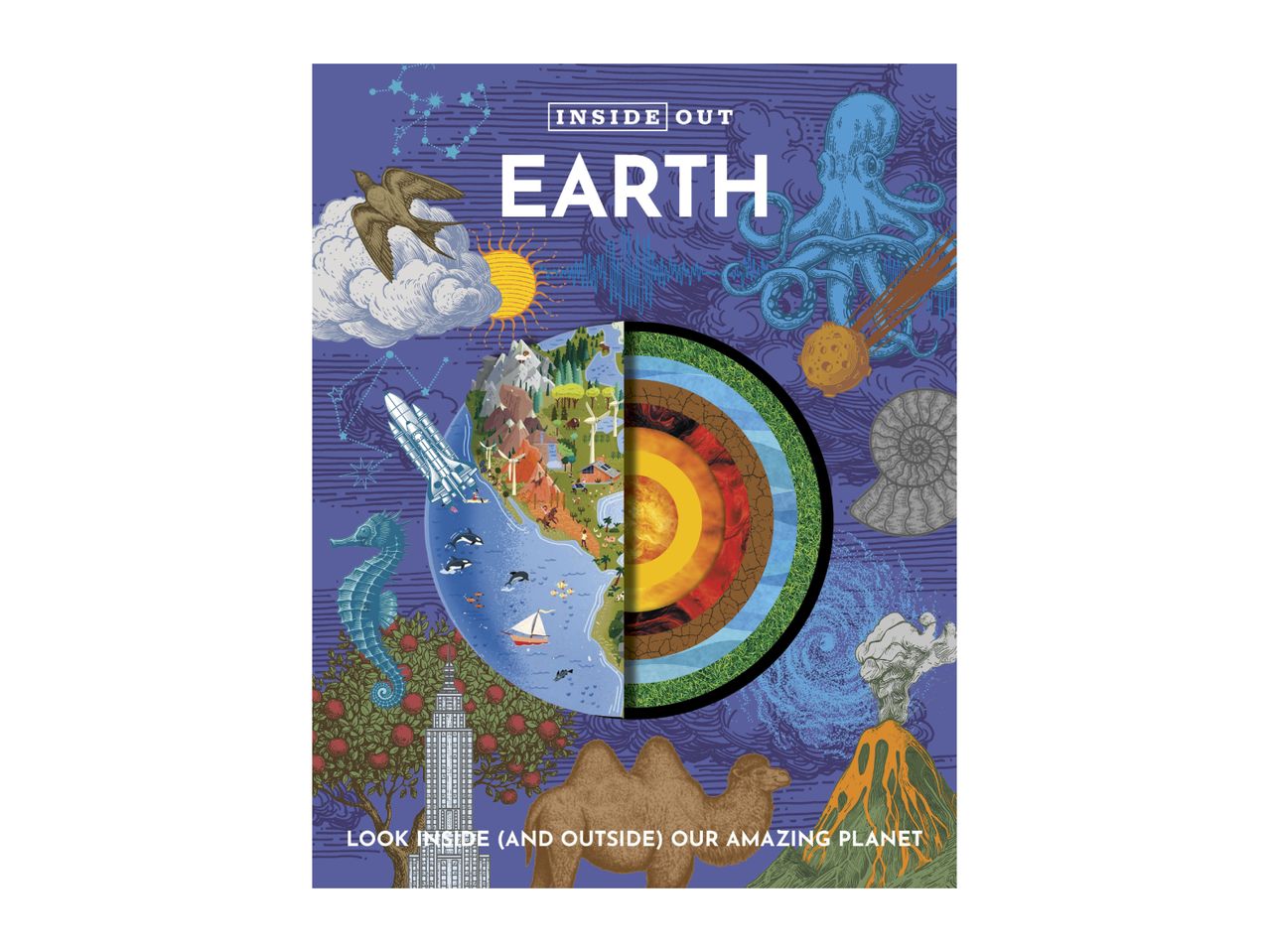 Inside Out Earth book cover with illustrations of Earth's layers, animals, and natural phenomena.